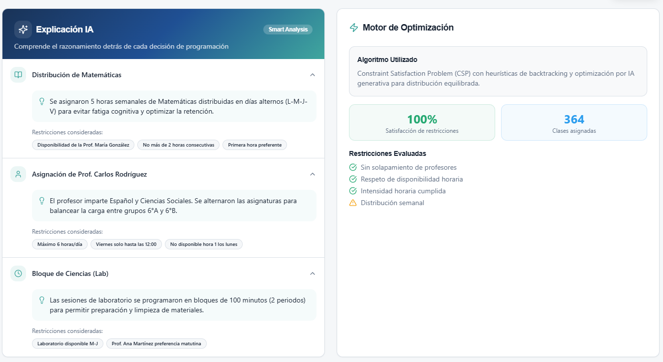 Inteligencia artificial para horarios escolares - Motor de optimización automática SEDEFY con análisis de restricciones y conflictos