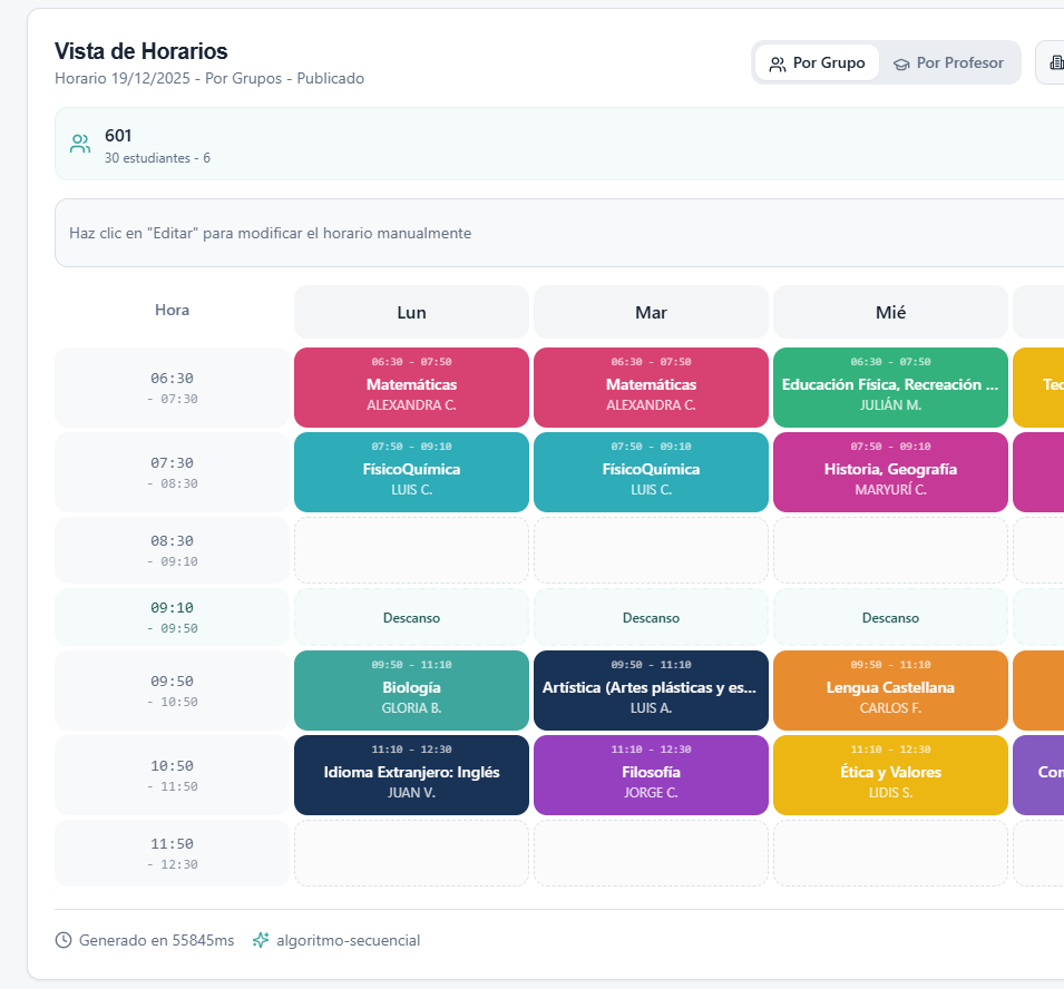 Software de horarios escolares SEDEFY - Creación automática de horarios académicos con vista semanal por grupos y materias